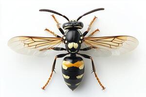 Detailed close-up of a hornet displaying intricate patterns and features on a white background photo
