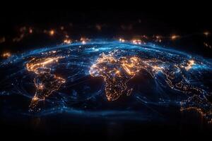 Illuminated world map with global network connection lines and night sky background photo