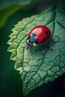 A vibrant red ladybug with black spots perched on a green leaf photo