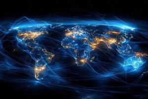 Illuminated world map with network connections depicting global communication photo