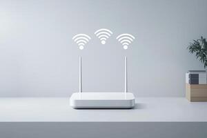 Modern wireless router with wi-fi signals on minimalist desk photo