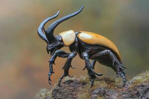 Close-up of a vibrant golden and black horned beetle on a mossy log photo