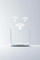 Modern wifi router with signal icons on minimalist background photo