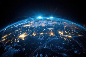 High-resolution digital representation of earth from space with illuminated cityscapes and glowing network connections photo