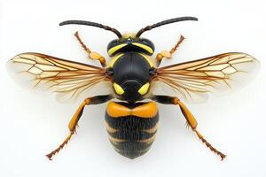 Close-up macro photograph of a black and yellow wasp with transparent wings on white background photo