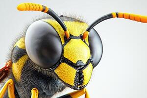 Close-up of a vivid yellow and black insect, revealing intricate details of a bee's head and eyes photo