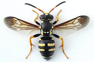 High-resolution close-up of a vibrant wasp with yellow-black markings and translucent wings photo