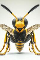 Close-up of a realistic yellow and black insect bee with detailed features photo