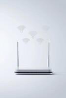 Modern white wi-fi router with antennas and signal waves on minimalist background photo
