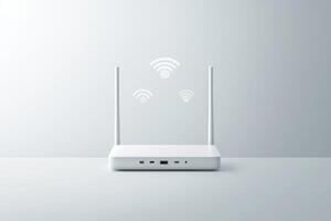 Modern wireless router with antennas and wi-fi signal icons against minimalist background photo
