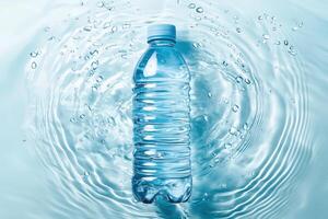 Clear plastic water bottle submerged in rippling blue water background photo