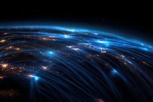 Abstract global network of illuminated connections over earth with streaming light effects photo
