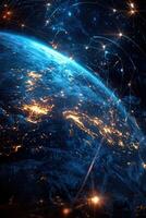 Illuminated earth from space with network connections and stars photo