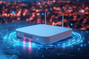 Modern wireless router with glowing network connection symbolizing high-speed internet and connectivity photo