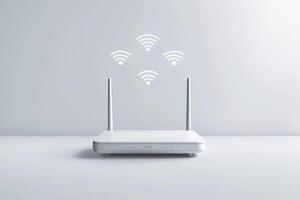 Modern wireless router with wi-fi signal waves on minimalist background photo