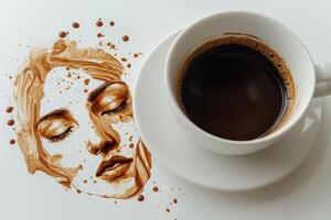 Coffee art with a woman's face illustration beside a cup of coffee on white background photo