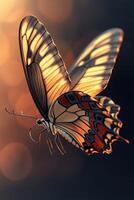 Stunning close-up of a monarch butterfly with bright orange and black wings against a blurred background photo