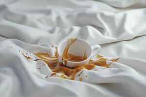 Coffee spill on white satin fabric with cup and stains photo