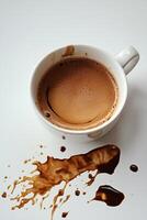 Cup of coffee with spilled liquid on white background photo
