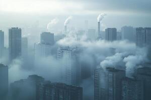 Foggy cityscape with industrial smoke rising from skyscrapers photo