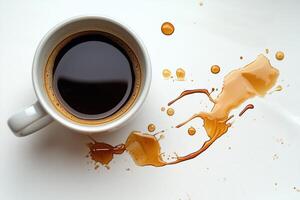 Aerial view of a coffee cup with spilled liquid on a white surface photo