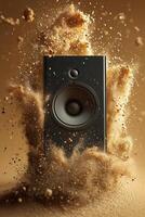 Dynamic speaker surrounded by explosive clouds of dust and particles in warm tones photo