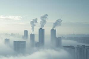 Industrial skyline with smokestacks emitting steam above foggy cityscape photo