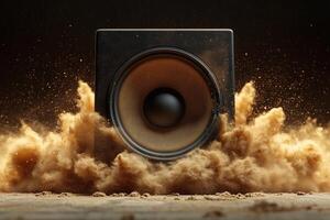 Dynamic speaker erupting dust and particles in dramatic sound wave imagery photo