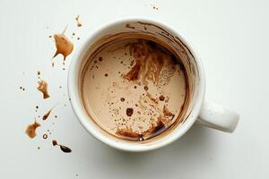 Spilled hot chocolate in a white mug with drips on a light background photo