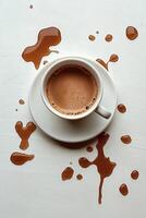 Hot coffee cup with spilled drink on white surface photo