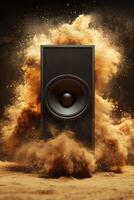 Dynamic speaker surrounded by explosive sand cloud in artistic composition photo