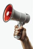 Man holding a white and red megaphone for communication and announcements photo