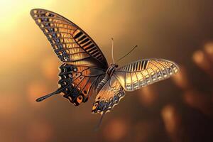 Stunning close-up of a vibrant butterfly with intricate patterns and glowing wings in a dreamy golden background photo