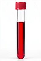 Red blood test tube with screw cap isolated on white background photo