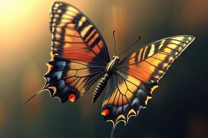 Close-up of a vibrant orange and black butterfly with delicate wings against a soft blurred background photo