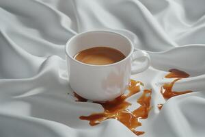 Spilled coffee cup on white satin fabric with a saucer and liquid stain photo