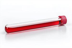 Close-up of a laboratory test tube filled with red liquid photo