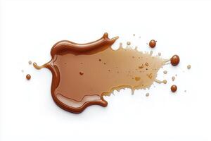Brown liquid spill with drips and splashes on white background photo