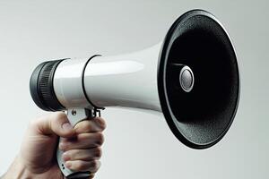 Person holding a white megaphone in a hand against a plain background photo