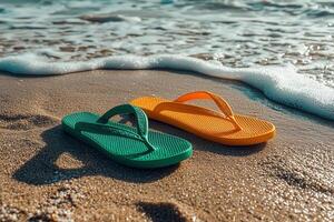 Colorful green and orange flip flops on sandy beach next to gentle ocean waves photo