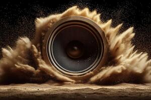 Dynamic sound wave eruption from a subwoofer blasting sand particles in dramatic style photo