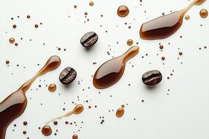 Coffee spill with grains and drips on white background for beverage themes photo