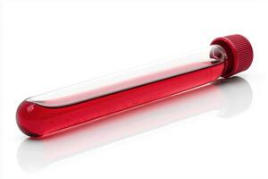 Red liquid in a laboratory test tube with a red cap on a reflective surface photo