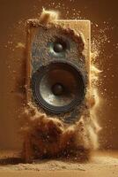 Dynamic speaker exploding with dust and particles in a creative conceptual composition photo