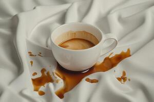 Spilled coffee cup on white tablecloth with brown stains and textured fabric photo