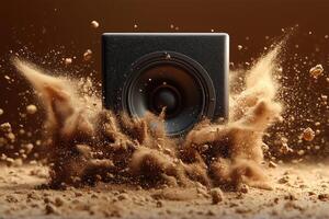 Dynamic sound waves emanating from a speaker surrounded by lifting dust and particles photo