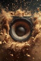 Dynamic sound waves erupting from a subwoofer surrounded by dust and debris photo