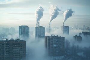 Factories with smoke stacks emitting smoke over a foggy cityscape photo