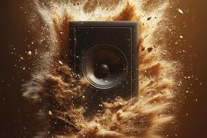 Dynamic speaker surrounded by explosive dust and debris in brown background photo