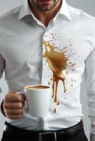 Coffee spill on white shirt with man holding a mug, accentuating unfortunate accidents photo